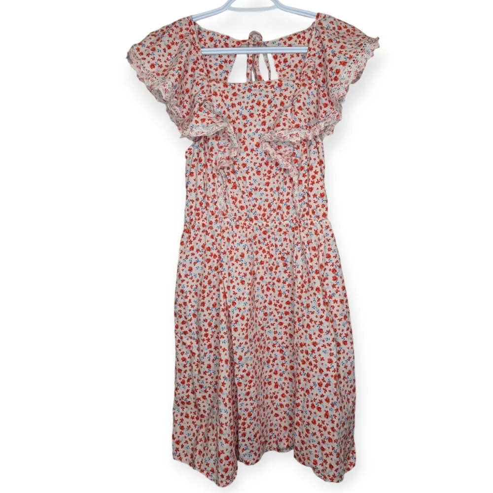 Old Navy White Red Floral Waist-Defined Flutter-Sleeve Tie-Back Mini Dress M